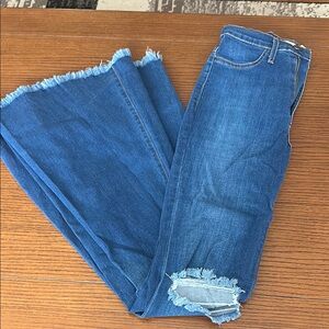 Blue Flare Wide Leg Jeans with Distressed Details